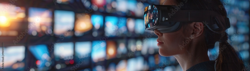 Fototapeta premium Woman with VR headset exploring digital screens, representing futuristic technology, innovation, and immersive virtual experiences.