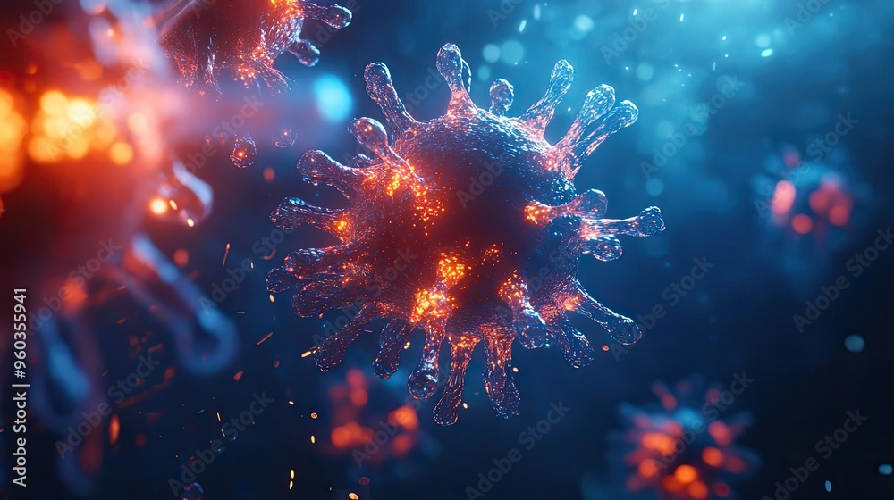 Close-up view of a vibrant virus visualization highlighting intricate structures and glowing features against a dark background. Close-up view of a vibrant virus visualization highlighting intricate structures and glowing features against a dark background.