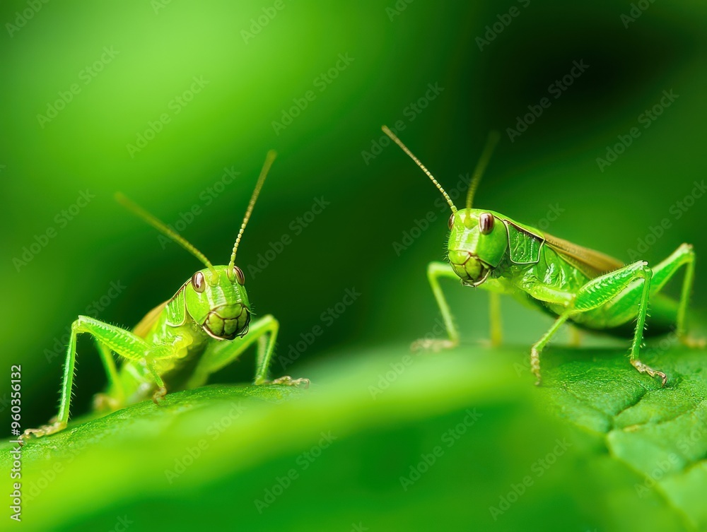 Close-up of vibrant green grasshoppers on a lush leaf, showcasing nature's beauty in detail and color. Close-up of vibrant green grasshoppers on a lush leaf, showcasing nature's beauty in detail and color.