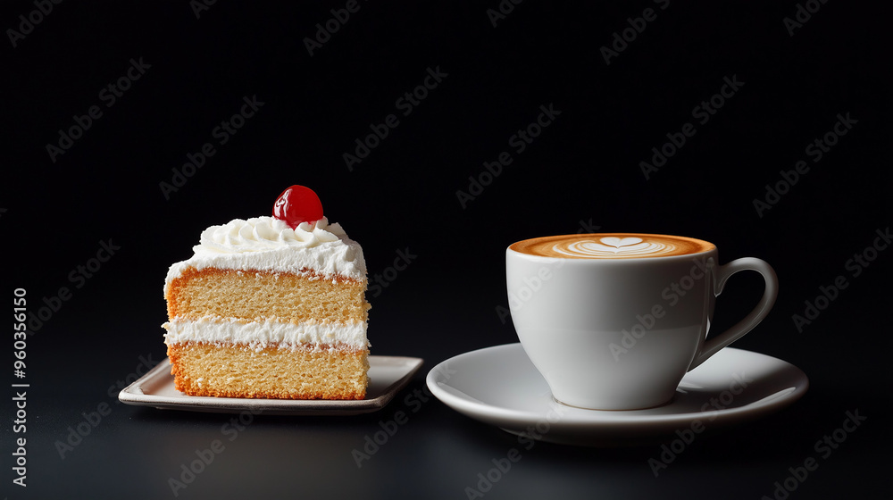 A cup of coffee and a slice of cake set against a black backdrop. A cup of coffee and a slice of cake set against a black backdrop.