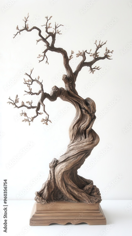 Artistic wooden sculpture of a twisted tree, showcasing intricate details and natural elegance, perfect for home decor and art collection.