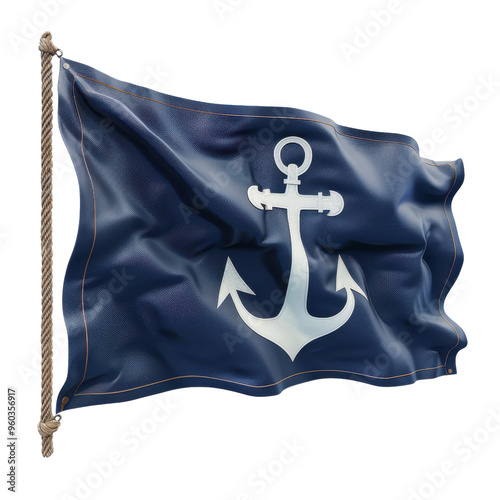 A detailed flag featuring a prominent anchor symbol on a bold blue background, representing maritime themes and adventure. photo