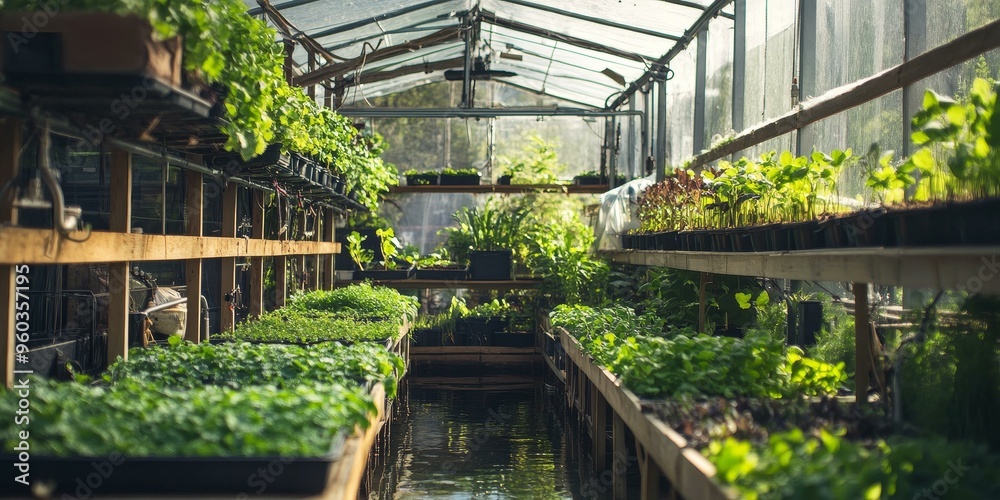 Green plants growing in a greenhouse with a water feature. Green plants growing in a greenhouse with a water feature.