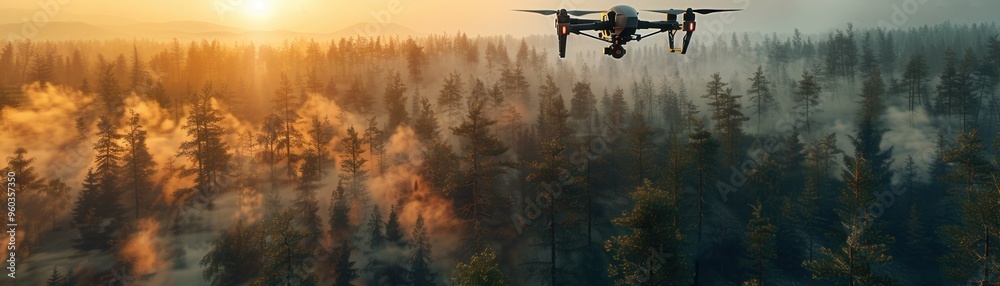 Fototapeta premium Aerial view of a drone flying over a dense forest during sunrise, capturing the beauty of nature with mist and sunlight.