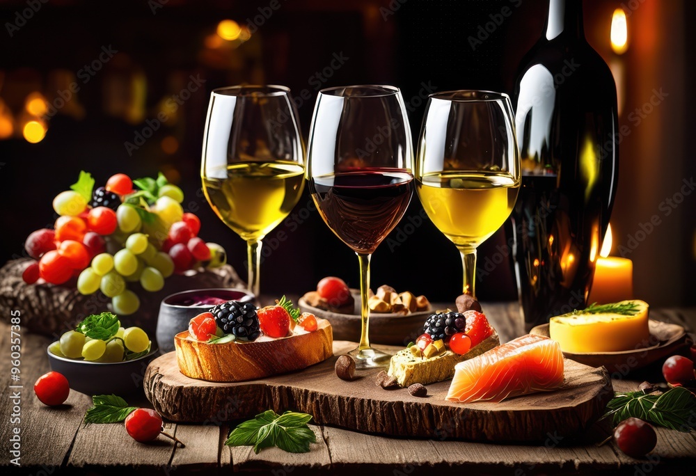 colorful wine glasses showcasing array culinary pairings featuring main desserts, appetizers, bites, cheese, cuisine, dishes, elegance, feast, flavors