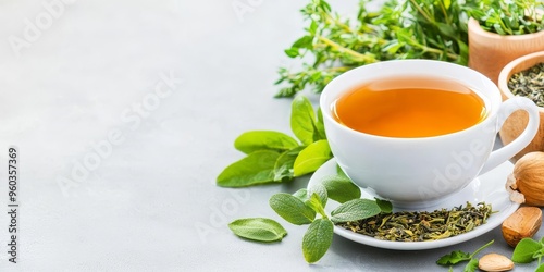Wallpaper Mural Oolong tea served in a ceramic cup, surrounded by fresh herbs, highlighting antioxidants, health, and a calming ritual Torontodigital.ca