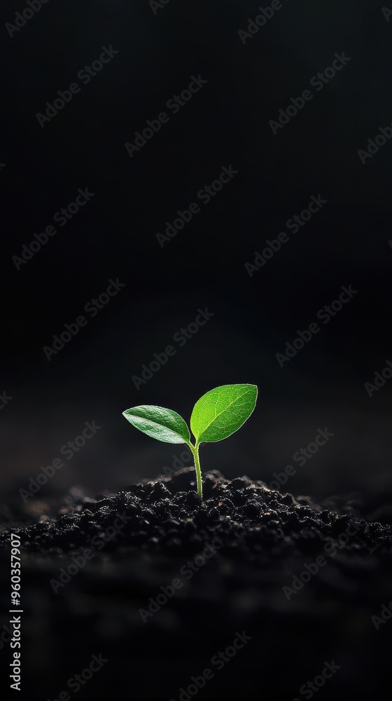 Naklejka premium A vibrant green seedling emerging from dark soil, symbolizing growth, renewal, and the beauty of nature in a serene environment.