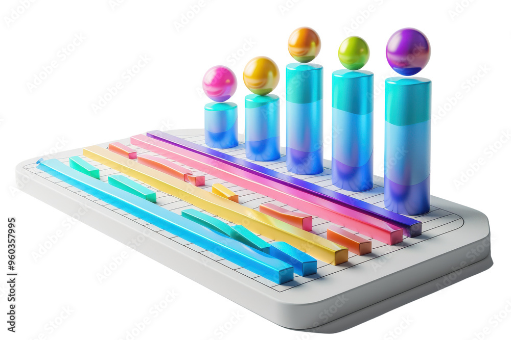 Foto de Colorful bar chart with transparent spheres showcasing data ...