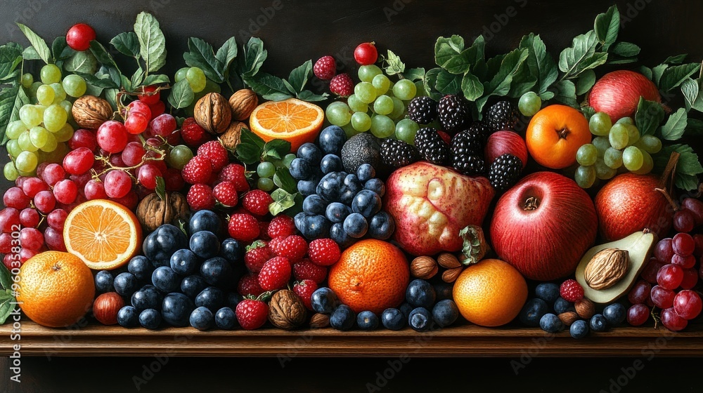 A vibrant arrangement of assorted fruits and nuts on a wooden surface.