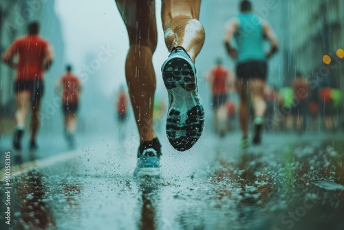 A runner is running in the rain with other runners behind him. Concept of determination and perseverance as the runner pushes through the wet conditions