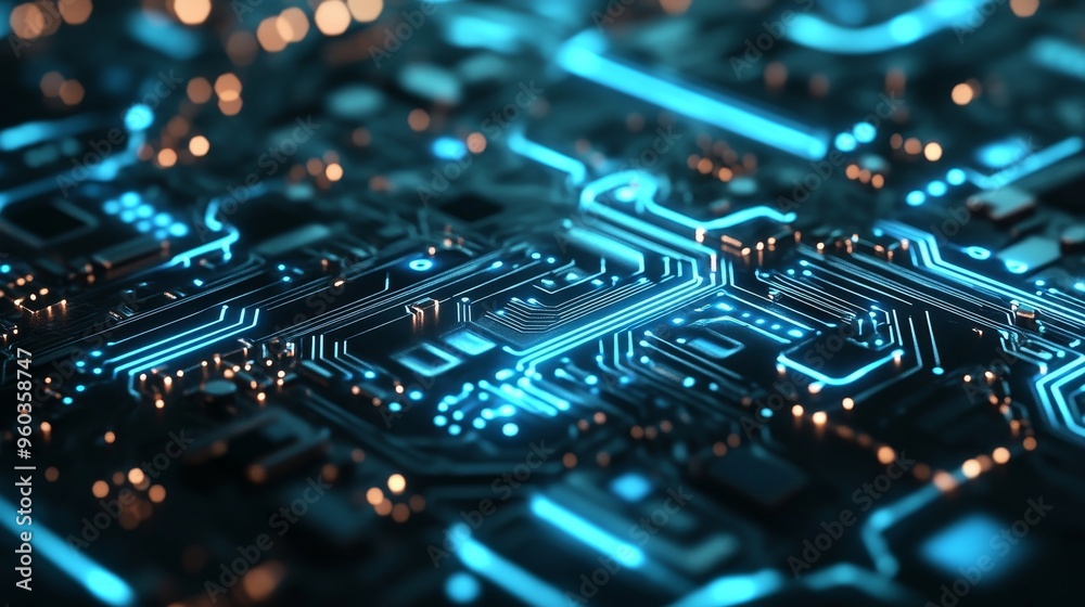 A close-up view of a circuit board with glowing blue lines and connections, representing advanced technology. A close-up view of a circuit board with glowing blue lines and connections, representing advanced technology.