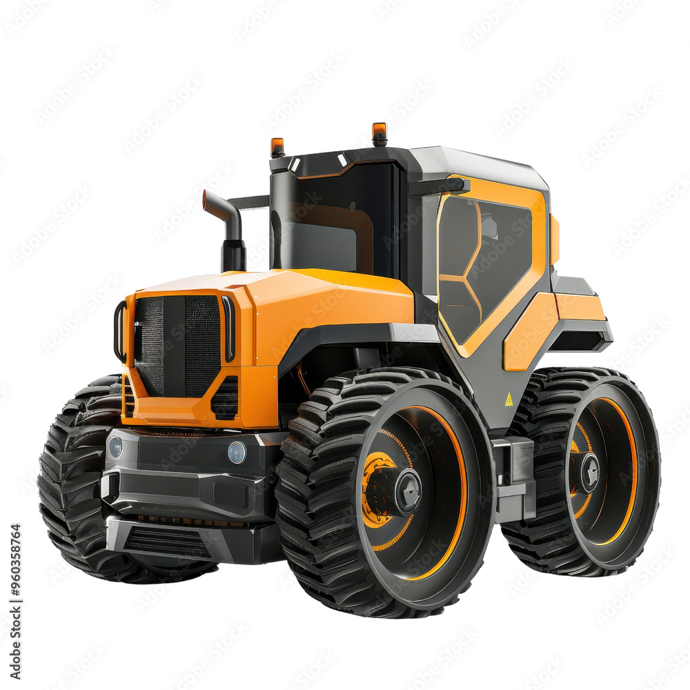 Futuristic orange tractor with large wheels, designed for modern agriculture and showcasing innovative technology. Futuristic orange tractor with large wheels, designed for modern agriculture and showcasing innovative technology.