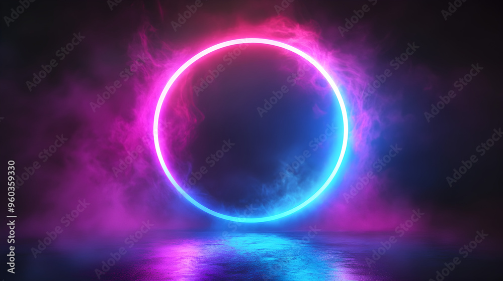 A vibrant, glowing neon light circle on a dark background with electric colors like blue, pink, and purple, featuring soft, blurred edges and a sense of motion.


