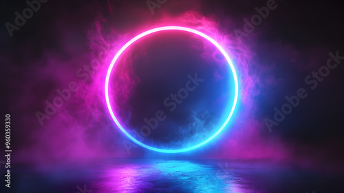 A vibrant, glowing neon light circle on a dark background with electric colors like blue, pink, and purple, featuring soft, blurred edges and a sense of motion.