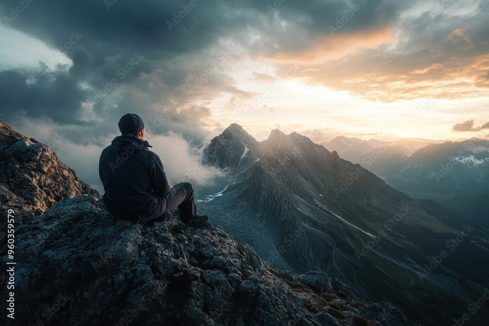 Fototapeta premium A man sits on a mountain top, looking out at the beautiful sunset, creating a serene and peaceful atmosphere. The man is lost in thought, taking in the breathtaking view