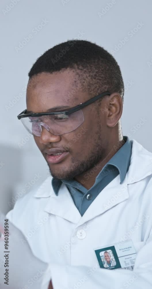 Science, research and black man with microscope, thinking and study in laboratory with medical data. Healthcare, pharmacy innovation and scientist, technology and result, solution or breakthrough Science, research and black man with microscope, thinking and study in laboratory with medical data. Healthcare, pharmacy innovation and scientist, technology and result, solution or breakthrough