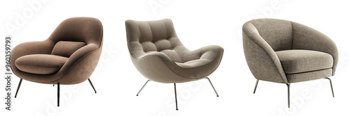 A contemporary fabric armchair with a curved backrest and metal legs isolated on transparent background