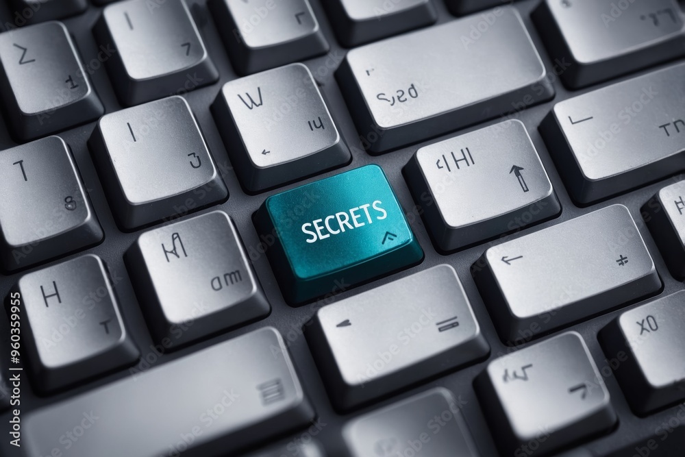 Keyboard with blue key highlighting secrets for data security concept Keyboard with blue key highlighting secrets for data security concept