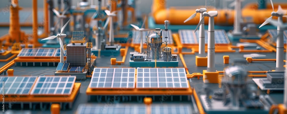 Naklejka premium A vibrant depiction of renewable energy sources, featuring solar panels and wind turbines in an industrial landscape.