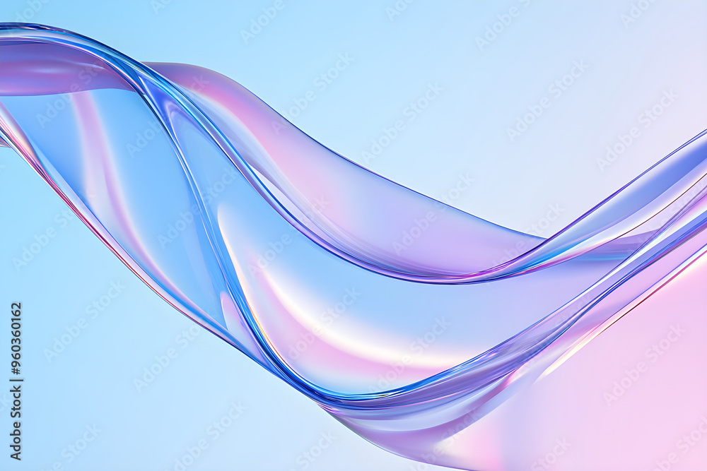 Fototapeta premium Curved waves of molten glass abstract banner. Holographic texture in Y2K style. 3d render of transparent plastic. Fluid background with an iridescent smooth surface. Trendy futuristic motion design.