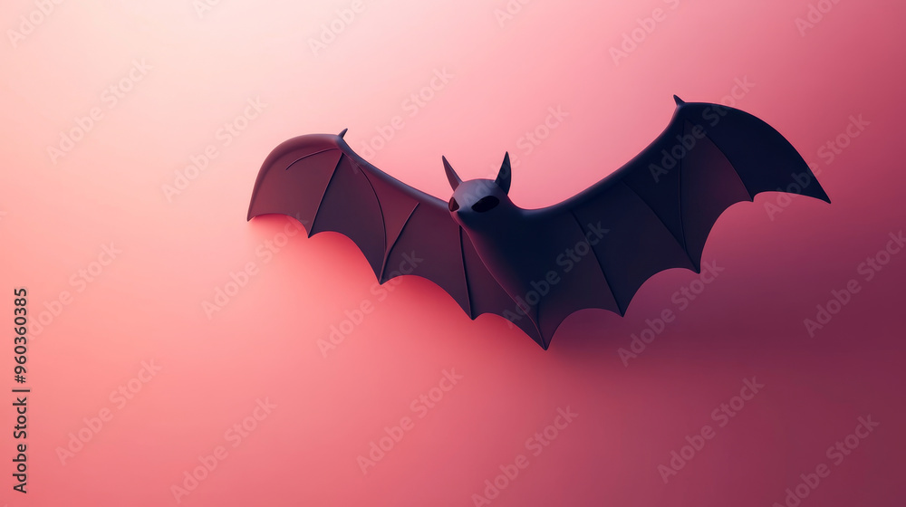 A stylized black bat with wide wings is depicted against soft pink background, creating whimsical and playful atmosphere. A stylized black bat with wide wings is depicted against soft pink background, creating whimsical and playful atmosphere.