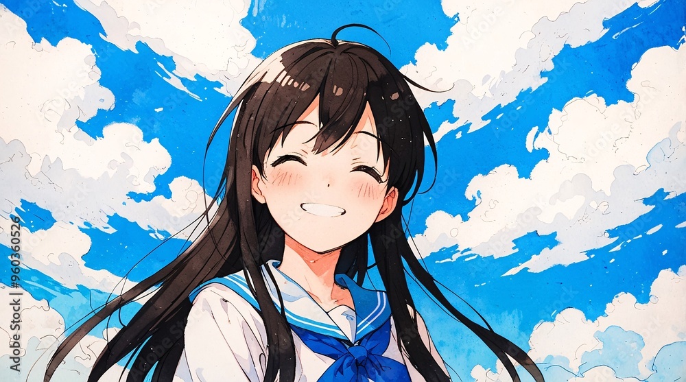 Anime cute schoolgirl illustration with a smiling face and a cloudy blue sky background. Anime cute schoolgirl illustration with a smiling face and a cloudy blue sky background.
