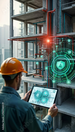 Construction worker in a hard hat uses a tablet to analyze digital blueprints and monitor building systems. For articles on construction technology, smart buildings, and project management
