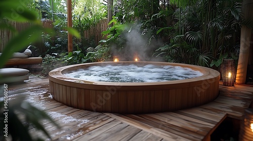 A hot tub in a tropical backyard, surrounded by palm trees, bamboo, and tiki torches glowing warmly, steam rising from the water,