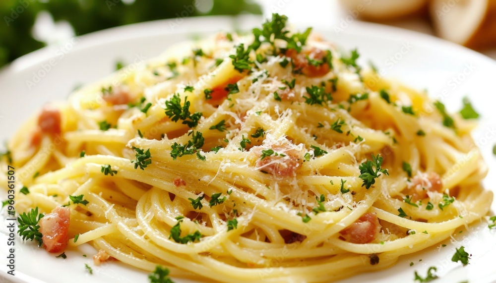 Close-up of Creamy Spaghetti with Bacon and Parsley Close-up of Creamy Spaghetti with Bacon and Parsley