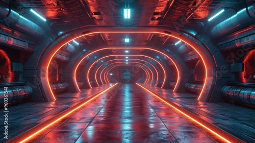 A modern futuristic corridor adorned with curved neon lighting loops creating a visually striking path towards a seemingly endless journey filled with robotic and space aesthetics.