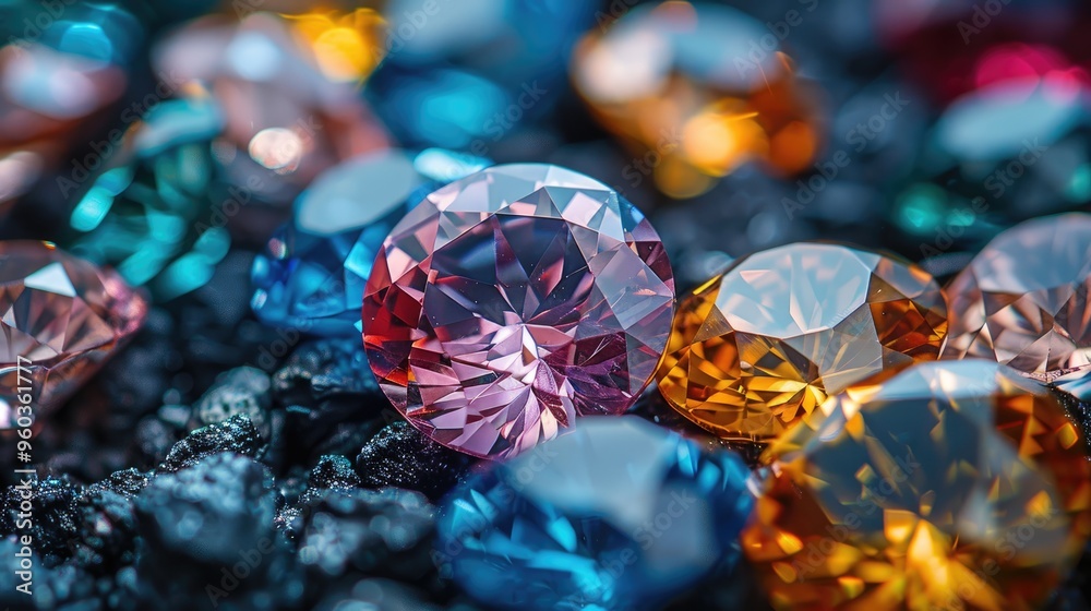 Naklejka premium An array of brilliantly cut colorful gemstones, including shades of red, blue, yellow, and pink, displayed on a dark background, emphasizing their sparkle and clarity.