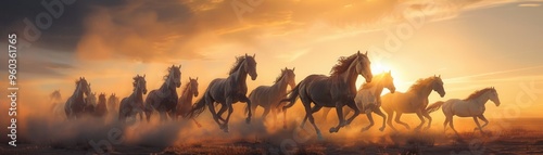 Majestic herd of wild horses running freely in stunning sunset-light desert setting, capturing a sense of freedom and natural beauty.