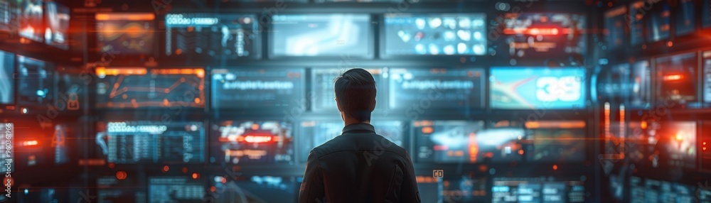 Man in control room with multiple digital screens reflecting technology and data in a futuristic environment.