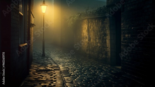Narrow cobblestone alley with an old-fashioned street lamp at night.