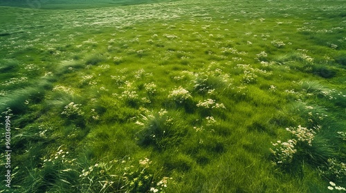 Aerial view of a lush green field with white wildflowers.