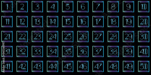 Numbers, numbers 1 to 50, blue purple black square gradations