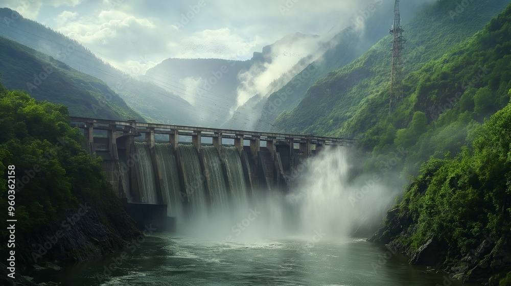 Fototapeta premium Concrete dam releasing water in a misty valley surrounded by lush green mountains.