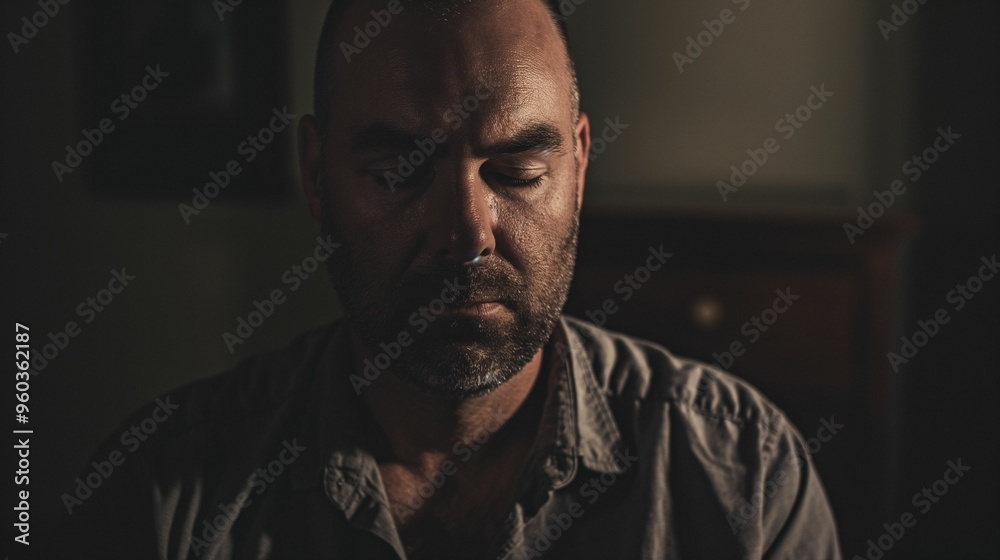 Image of a middle-aged man with closed eyes in a dark room. Image of a middle-aged man with closed eyes in a dark room.