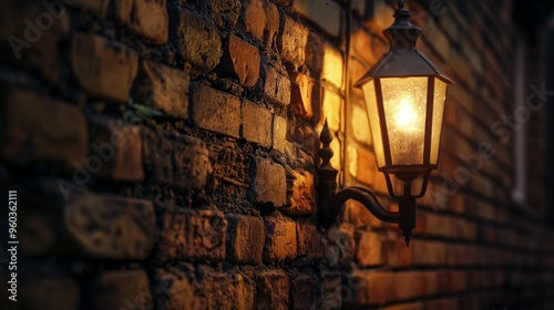 Close-up of vintage lantern attached to brick wall at night.