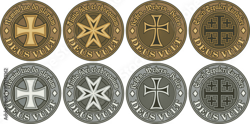 Four Metal Seals, Coins or Buckles of Various Crusader Orders with their Mottos. Templar, Johannite, Teutonic, Holy Sepulchre in Gold and Silver