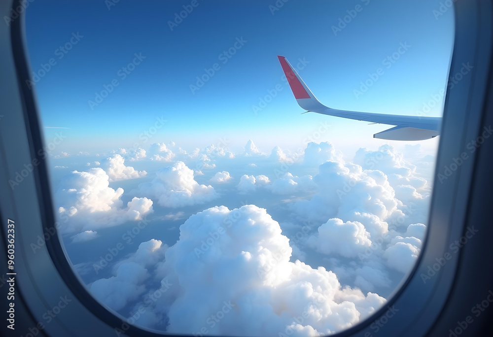 Airplane Wing and Clouds from Window Seat, Aerial View, Blue Sky Airplane Wing and Clouds from Window Seat, Aerial View, Blue Sky