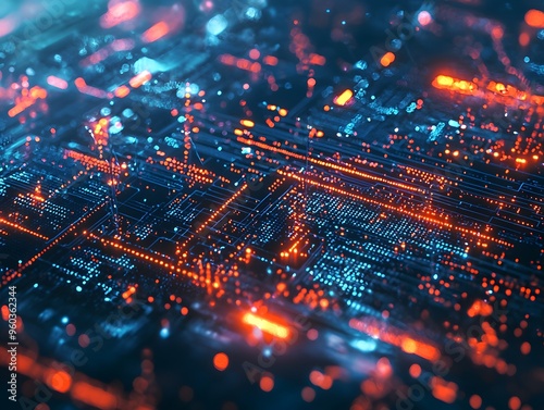 Abstract Circuit Board with Glowing Red and Blue Lights