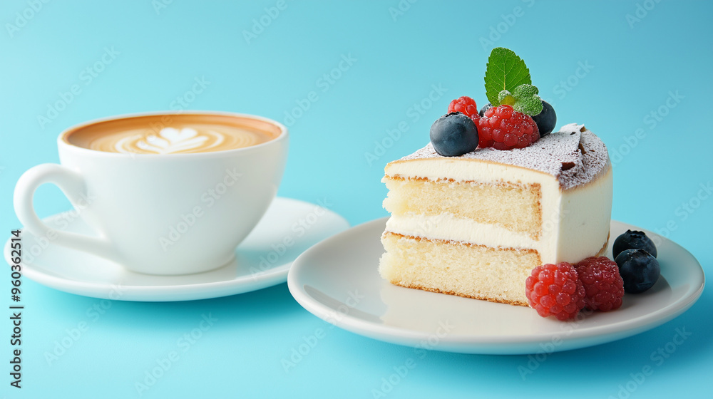 A cup of coffee and a slice of cake against a blue background.


