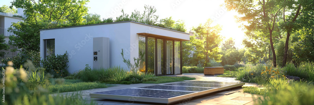 A modern home with solar panels in a lush, green garden. A modern home with solar panels in a lush, green garden.