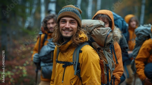 A cheerful young backpacker smiles at the camera, standing in an autumn forest with a group of friends, all dressed in warm clothing and carrying large backpacks.