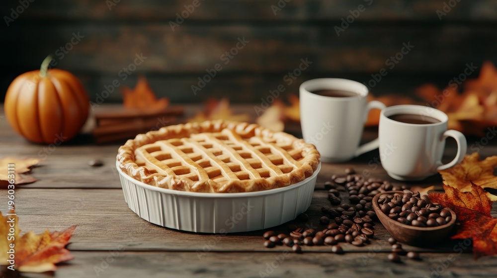 Table with Thanksgiving pie, coffee beans, and mugs, autumn colors, festive atmosphere Table with Thanksgiving pie, coffee beans, and mugs, autumn colors, festive atmosphere