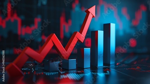 Red Arrow Pointed Upward on a Blue and Red Bar Graph