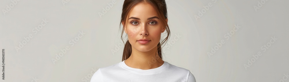 Obraz premium Portrait of a young woman with long brown hair wearing a white t-shirt, looking straight ahead against a plain background.