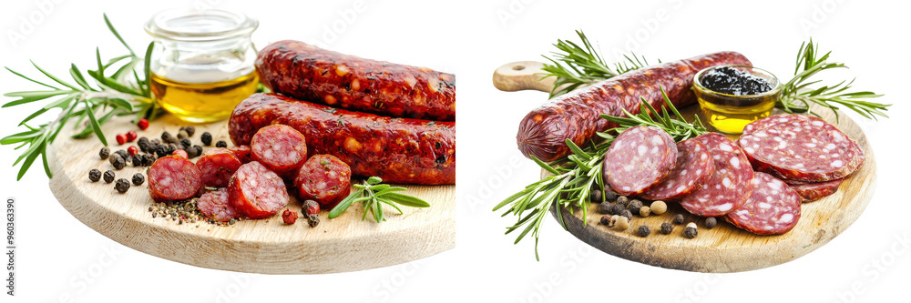 A close up of Grill Sausages and slices presented on a wooden plate with herbs and peppers, isolated on a background of an interesting pork sausage menu. A close up of Grill Sausages and slices presented on a wooden plate with herbs and peppers, isolated on a background of an interesting pork sausage menu.