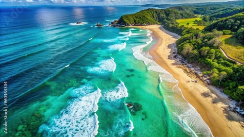 Breathtaking aerial view of turquoise beach waves and lush coastline paradise, aerial view, beach, waves, turquoise, coastline